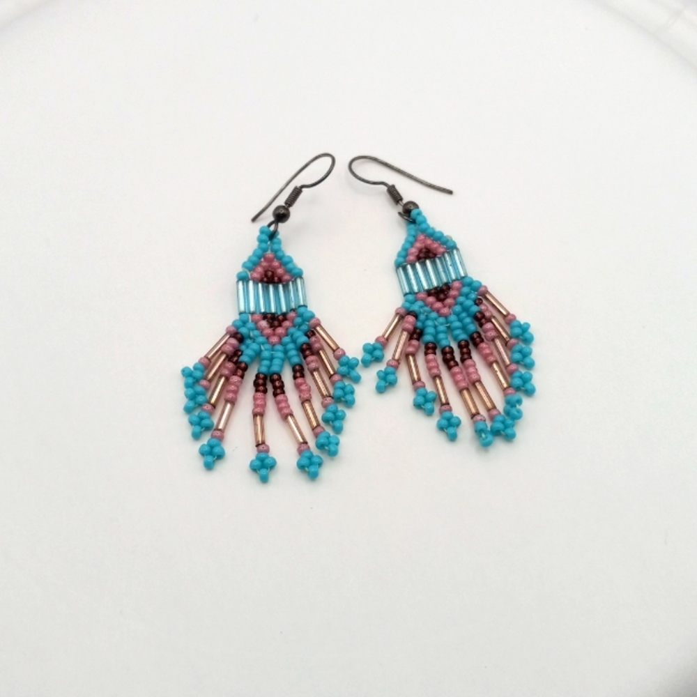 Teal and Pink Handmade Seed Bead Earrings